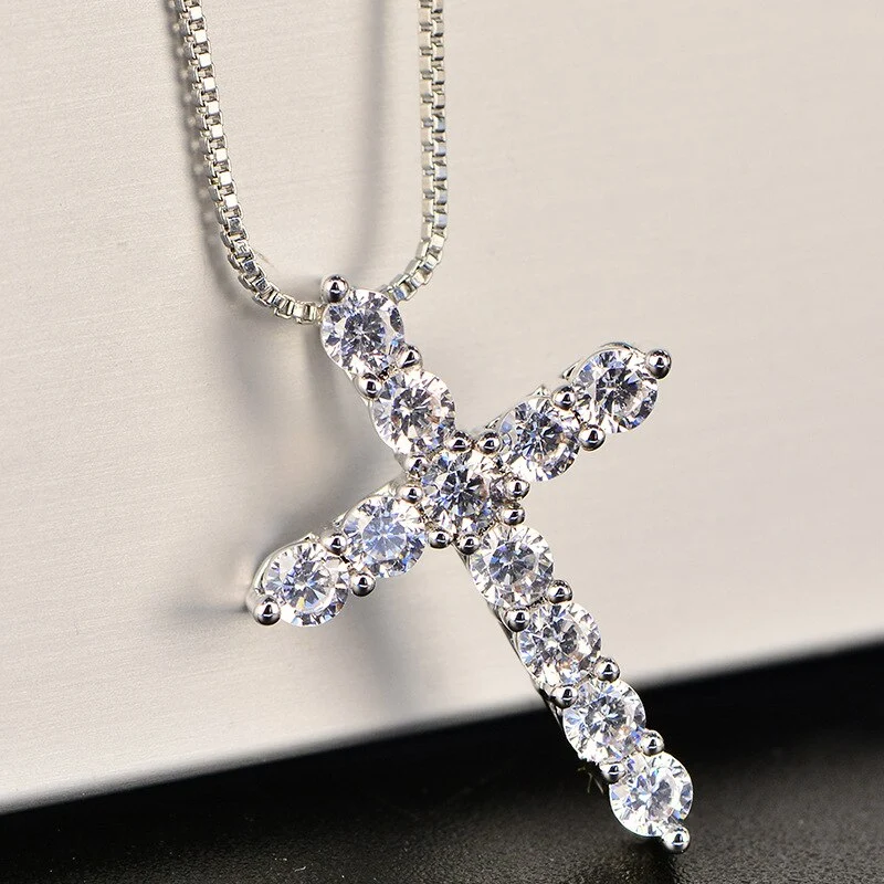 925 Stamp Silver color Necklace For Woman men 18 inch Box chain Shiny crystal classic cross Pendant Fashion luxury Jewelry Gifts