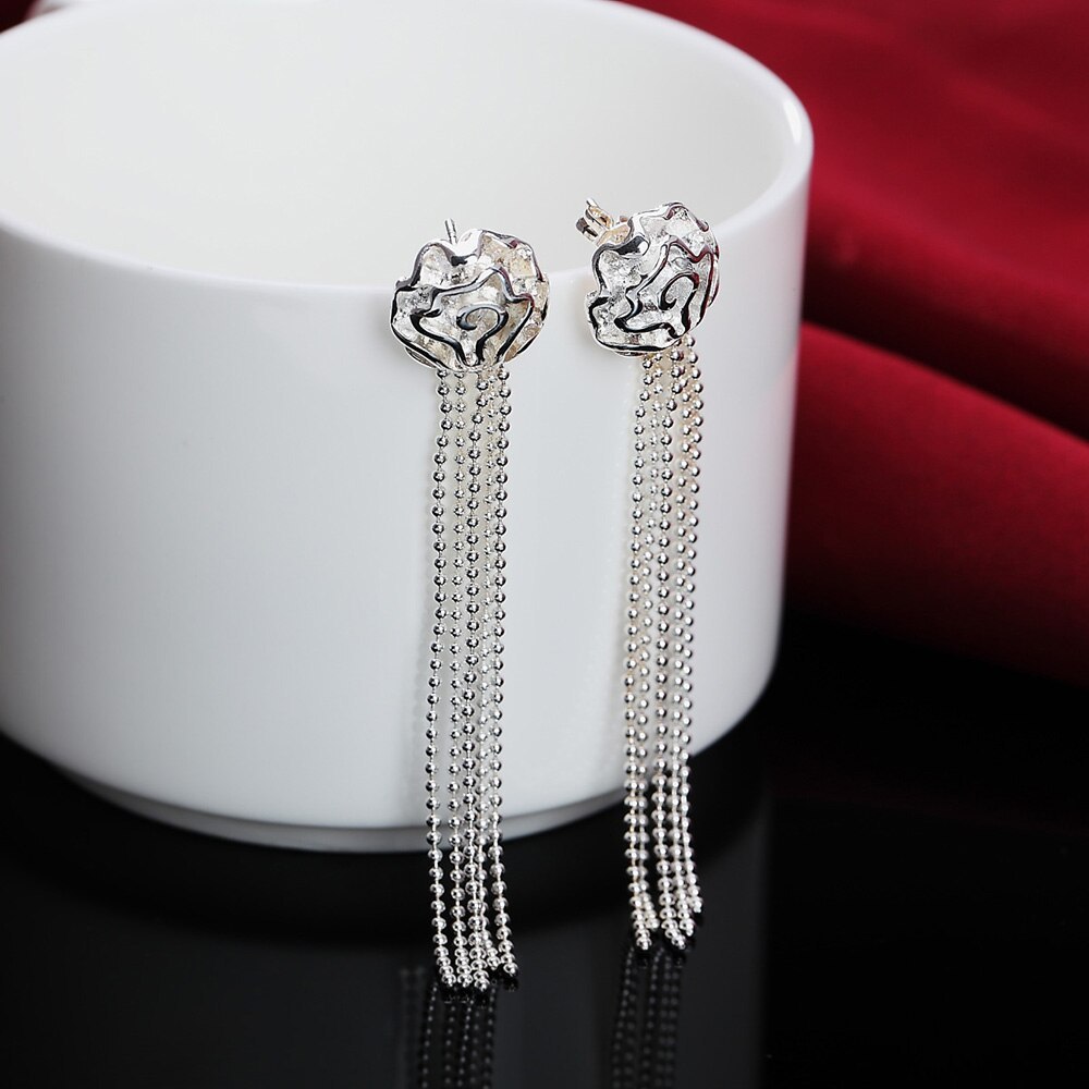 Fine 925 Stamp Silver color tassel Rose flower Earrings stud for Women Birthday Gifts Charm Fashion Wedding party lady Jewelry