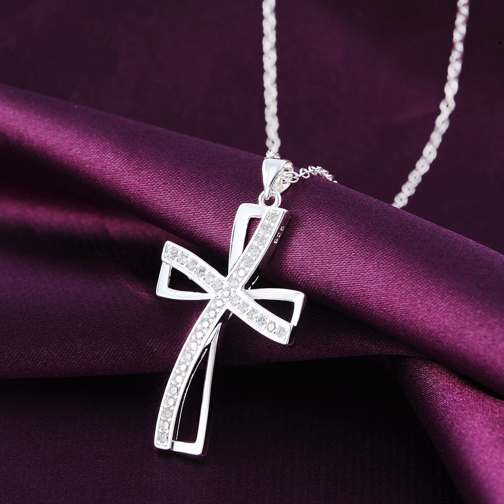 925 Stamp Silver color 18 inch AAA Zircon Elegant cross pendant Necklace For Women Fashion party wedding Jewelry Christmas Gifts