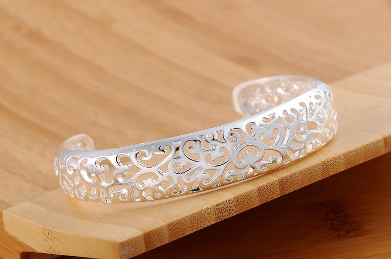 Fine 925 Stamp Silver color Hollow pattern bangles Bracelets for Women adjustable Fashion luxury Jewelry wedding Party lady Gift