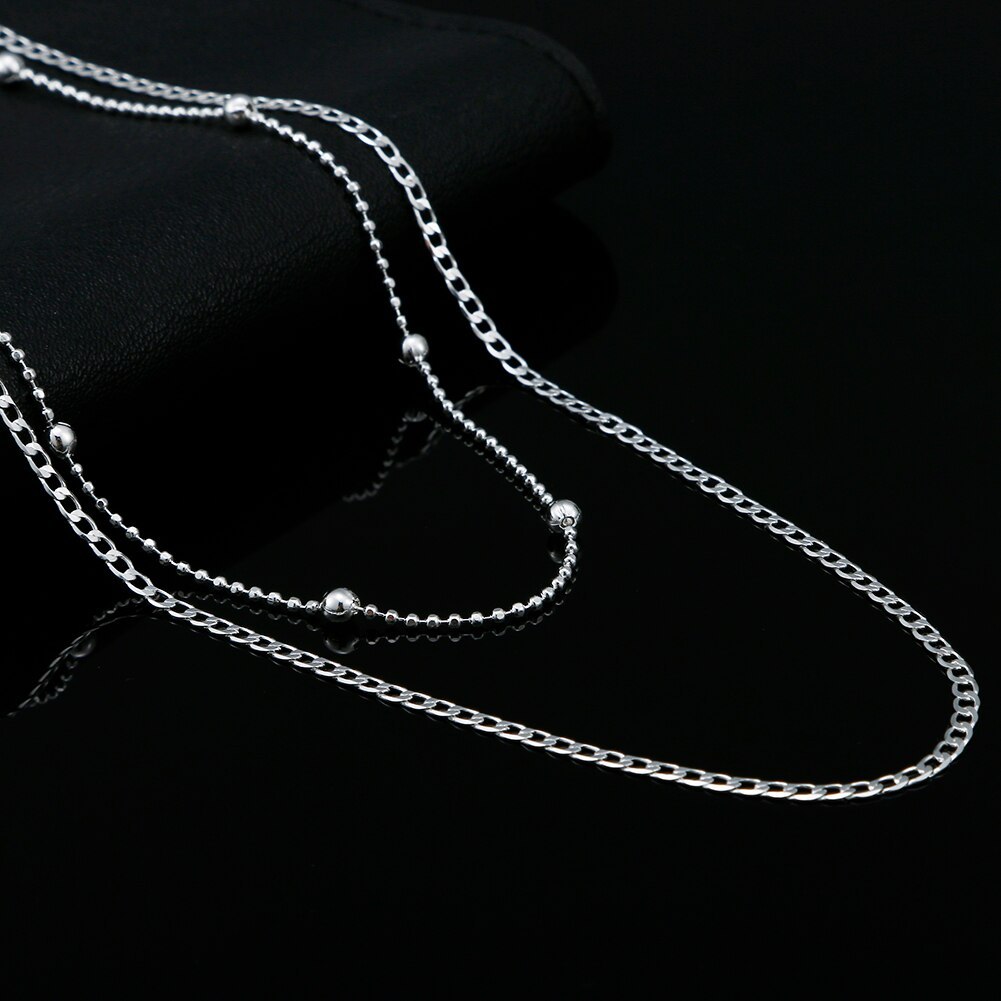 Original wild 2pcs 925 Stamp Silver color Flat beads chain necklace set jewelry for Men Women fashion party wedding Holiday gift