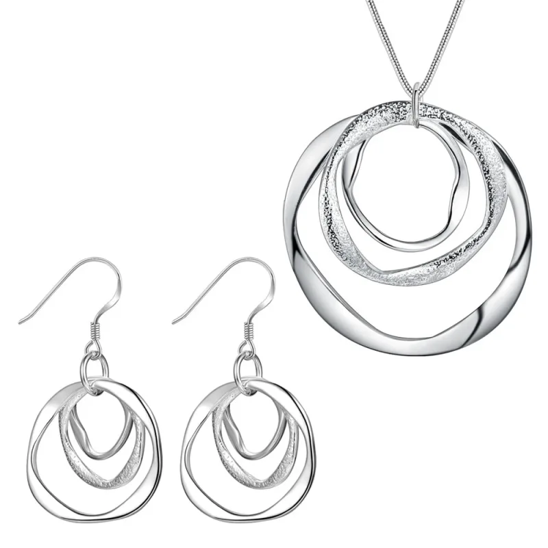 Fine 925 Stamp Silver color Beautiful round circel pendant necklaces earrings for women fashion party wedding jewelry sets gifts
