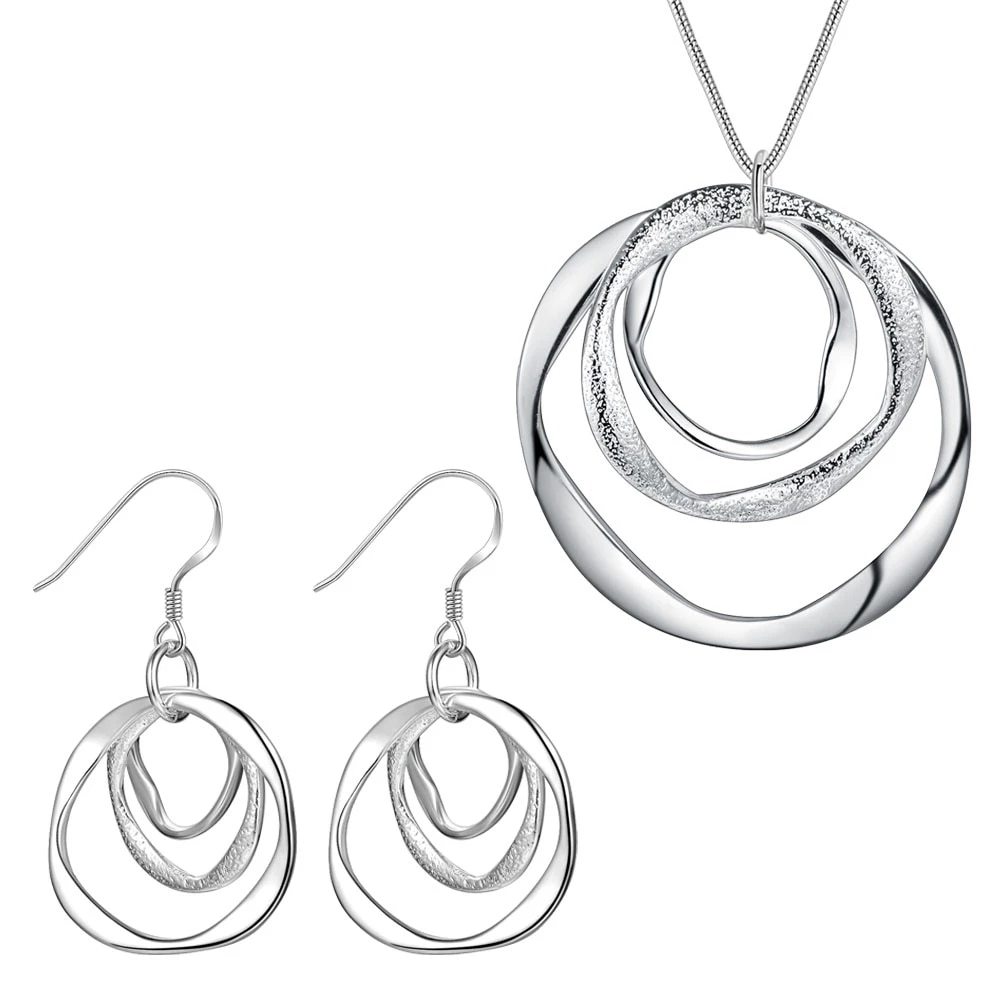 Fine 925 Stamp Silver color Beautiful round circel pendant necklaces earrings for women fashion party wedding jewelry sets gifts