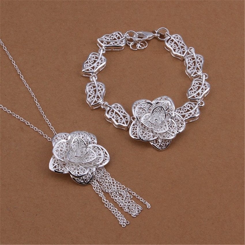 Hot new 925 Stamp Silver color fine flower Pendant necklace bracelet Jewelry sets for women Fashion Party wedding Christmas Gift
