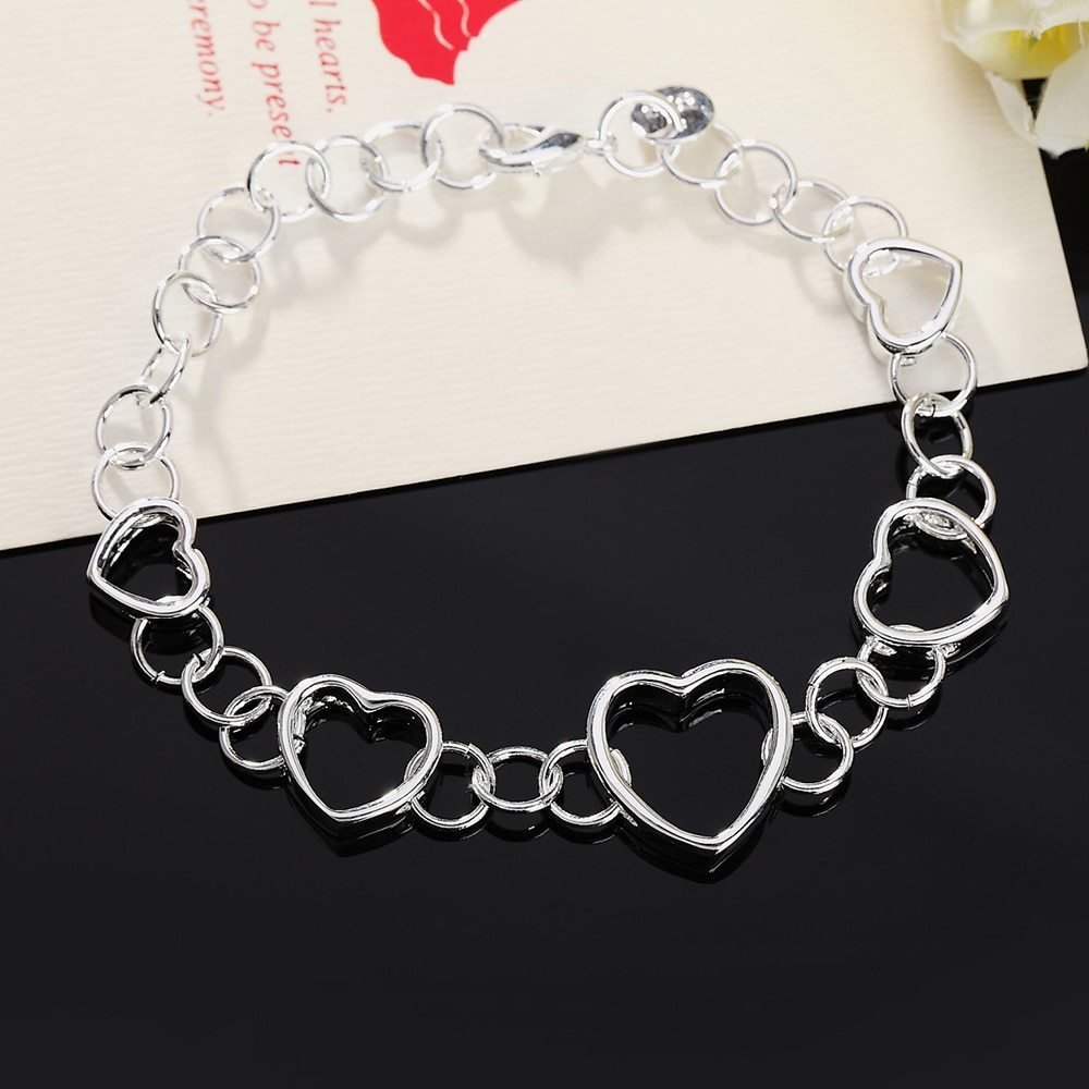 Hot sale fashion 925 Stamp Silver color Bracelet for woman Pretty heart chain Wedding party Valentine's Day Gift classic Jewelry