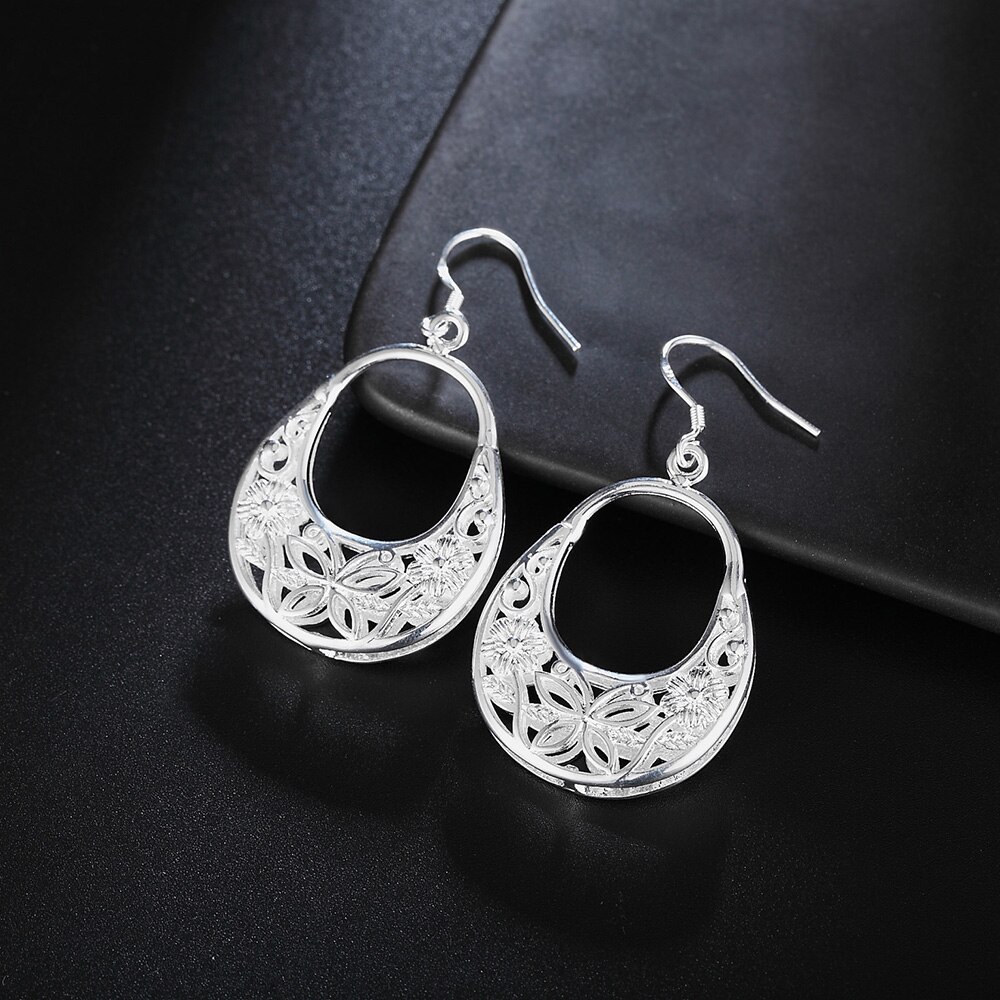 New Selling 925 Stamp Silver color Carved butterfly flower Earrings for Women Fashion party Jewelry Gifts Wedding fancy earrings