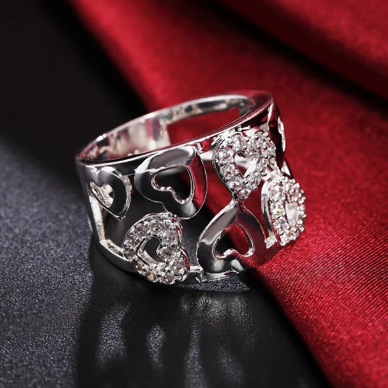 Hot new 925 Stamp Silver color Rings For Women wide fine crystal heart Fashion Party Gift Girl Charm wedding luxury Jewelry