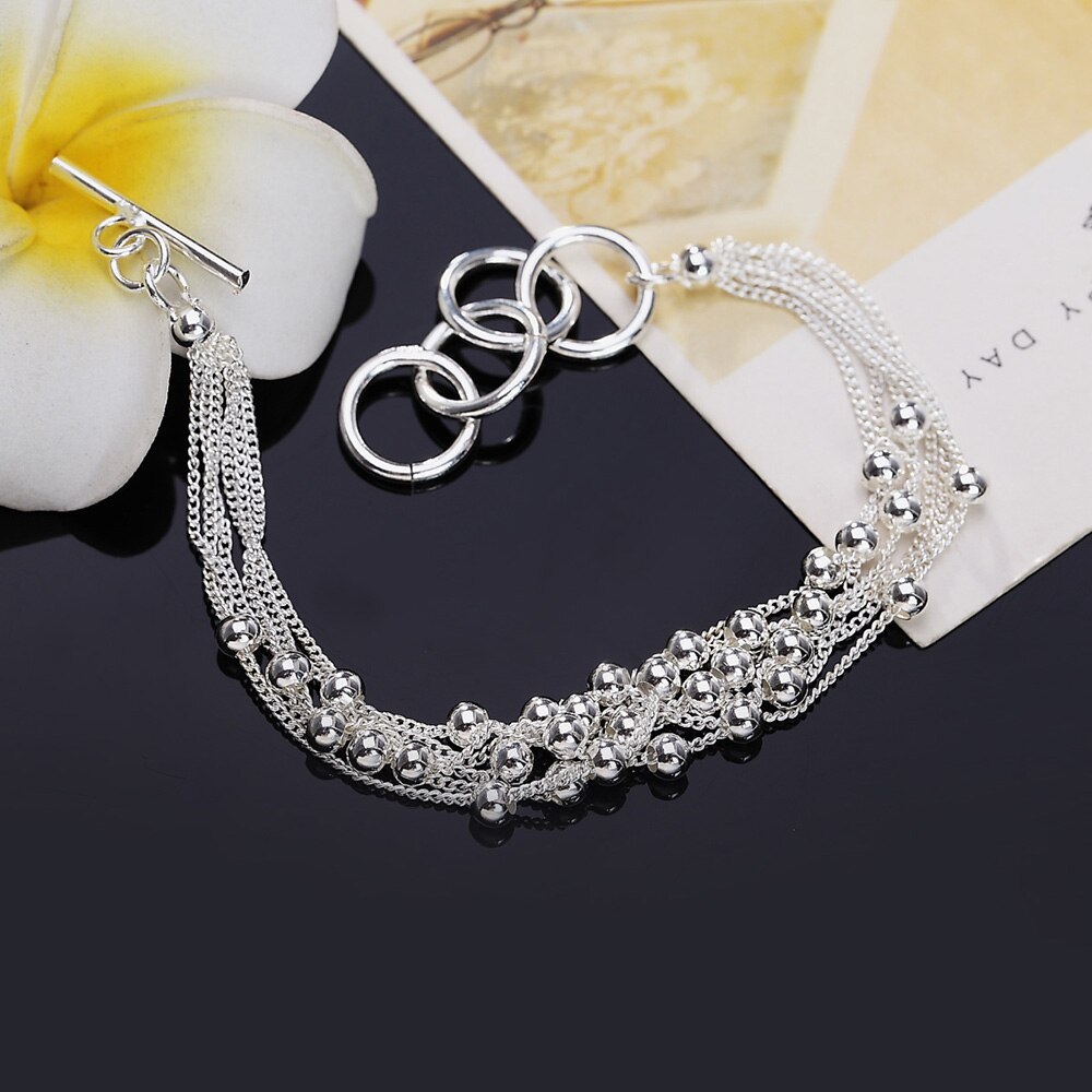 Hot charm 925 Stamp Silver color Bracelet for woman Five-line tassel beads chain Wedding party Christmas Gifts fashion Jewelry