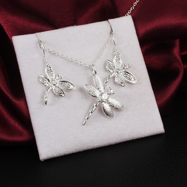 Special offer fashion Party wedding Jewelry set 925 Stamp Silver color Crystal dragonfly pendant necklace earrings for Women