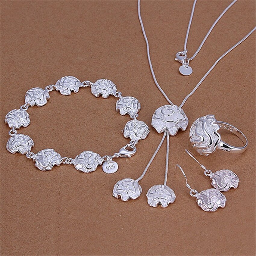 New hot 925 Stamp Silver color Jewelry set fine rose flower rings Bracelets necklaces earring for women fashion Party wedding