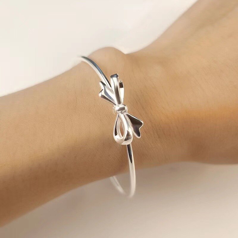 New 925 Stamp Silver color Cute romantic bow Bangles for women bracelets fashion party wedding accessories jewelry gifts