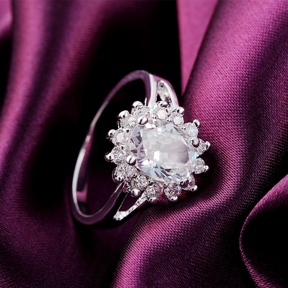 925 Stamp Silver color Shiny crystal flower Rings For Women Fashion Wedding Party Gifts Girl Charm engagement ring Jewelry