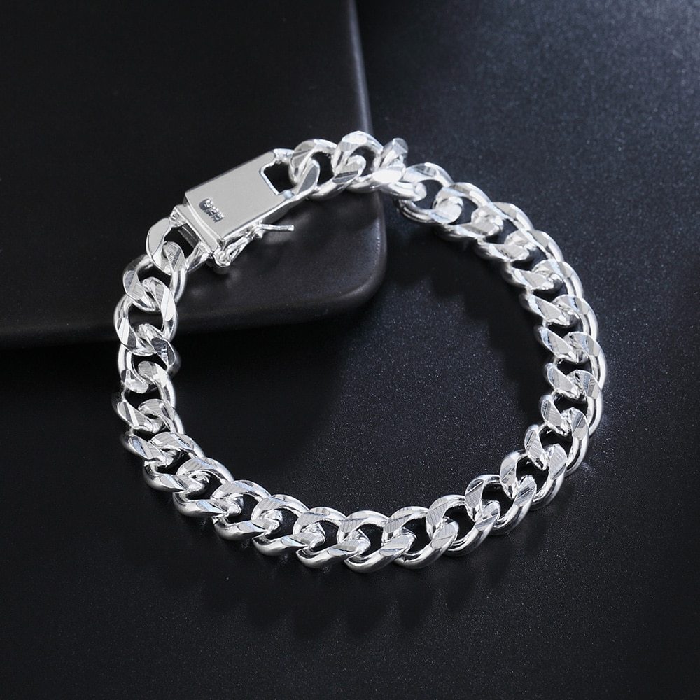 Hot 925 Stamp Silver color Bracelets for women 10MM Classic fine Chain for man Wedding party Christmas Gifts fashion Jewelry