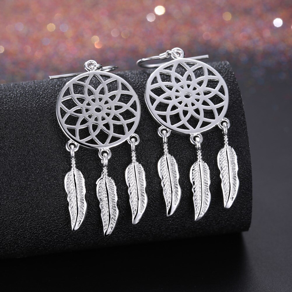 Fashion 925 Stamp Silver color Dream catcher feathers earrings for women luxury designer party wedding Jewelry fine gift