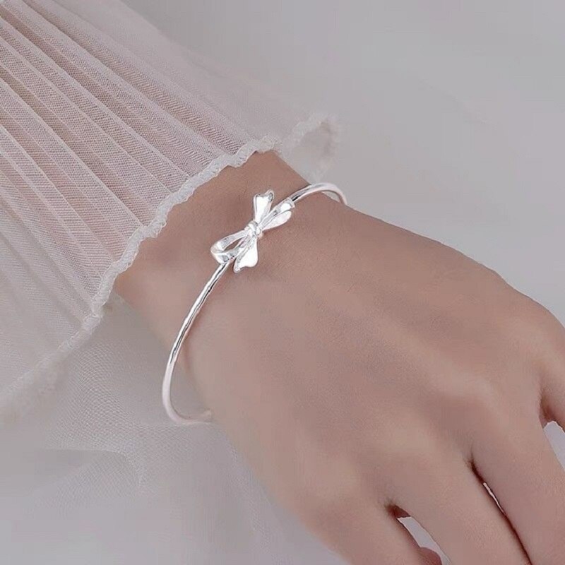 New 925 Stamp Silver color Cute romantic bow Bangles for women bracelets fashion party wedding accessories jewelry gifts