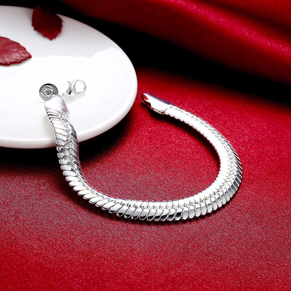 Factory outlets fashion 925 Stamp Silver color Bracelet for men 10MM flat snake bone chain Luxury jewelry Wedding party gifts