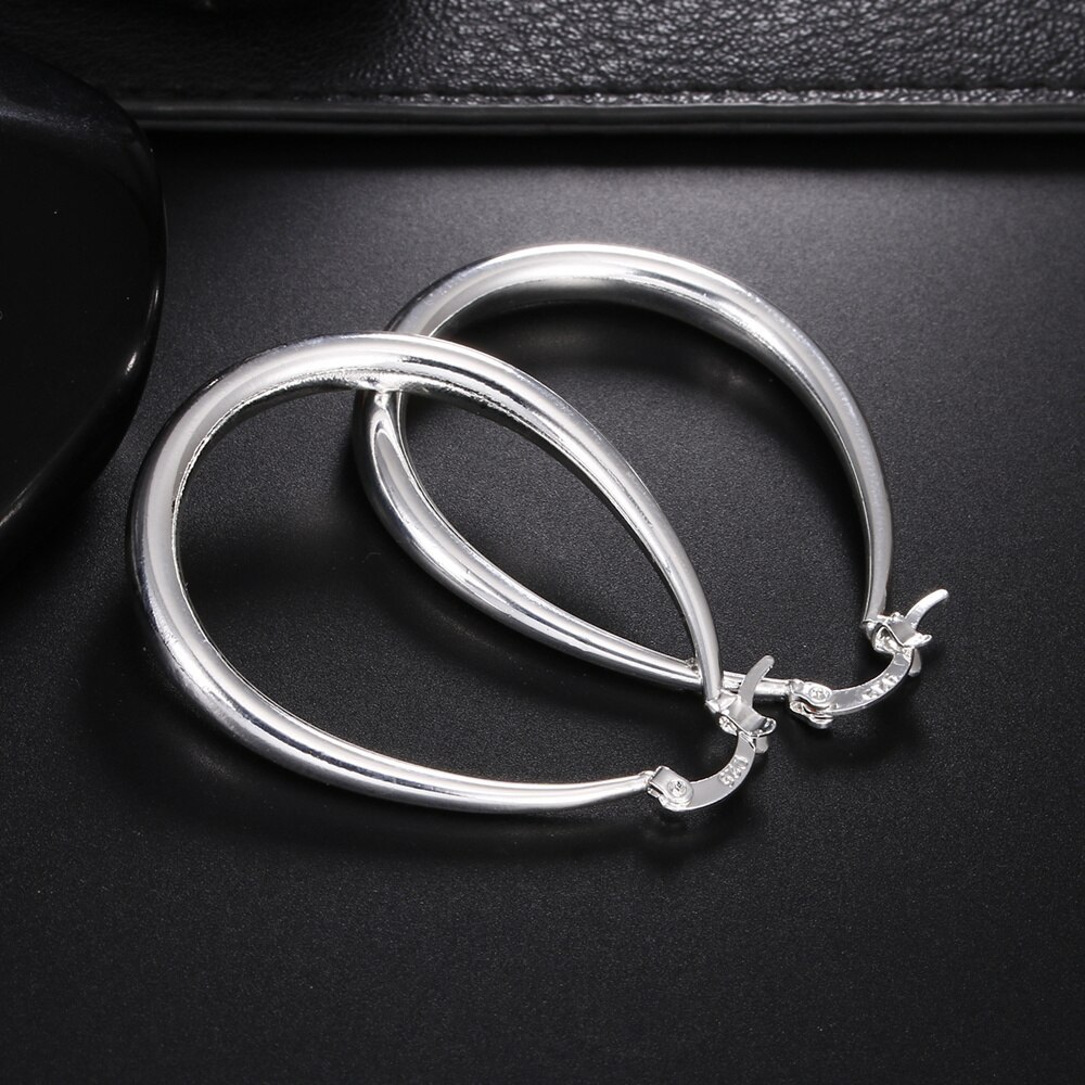 Charm 925 Stamp Silver color 41MM Smooth Circle Big Hoop Earrings For Women Lady Fashion High Quality Wedding Jewelry Gifts