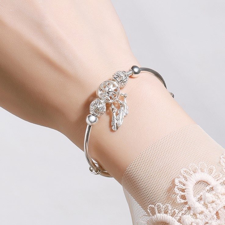 Adjustable 925 Stamp Silver color Bangle Dreamcatcher Tassel Feather Round Bead Charm Bracelet Cuff For Women Elegant wedding