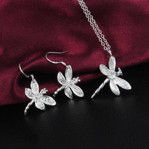 Special offer fashion Party wedding Jewelry set 925 Stamp Silver color Crystal dragonfly pendant necklace earrings for Women