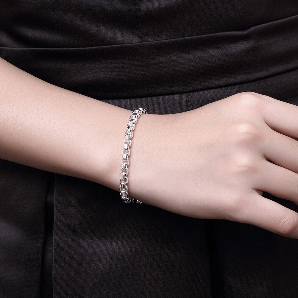 Hot fashion 925 Stamp Silver color Bracelet for woman fine 4MM Round lattice chain Wedding party Gift Street all-match jewelry