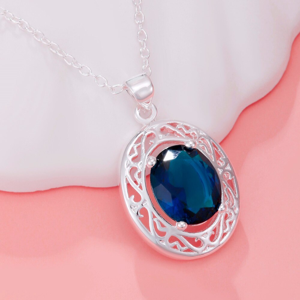 925 Stamp Silver Beautiful Blue Crystal Oval Pendant Necklaces For Women fashion party wedding engagement Jewelry birthday gifts