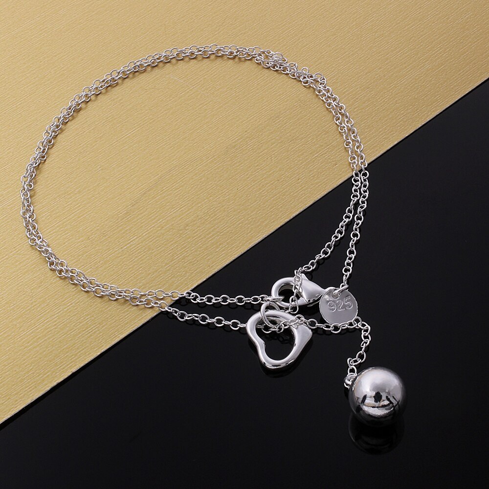 Hot charm 925 Stamp Silver color Jewelry 18 Inches Fashion Exquisite heart Solid beads Necklace for Women party Christmas Gifts
