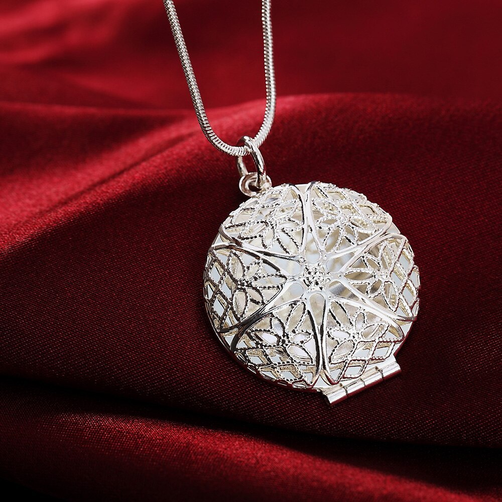 Hot 925 Stamp Silver color Round photo frame Pendant Necklace For Women 18 inches Christmas gift fashion wedding party Jewelry