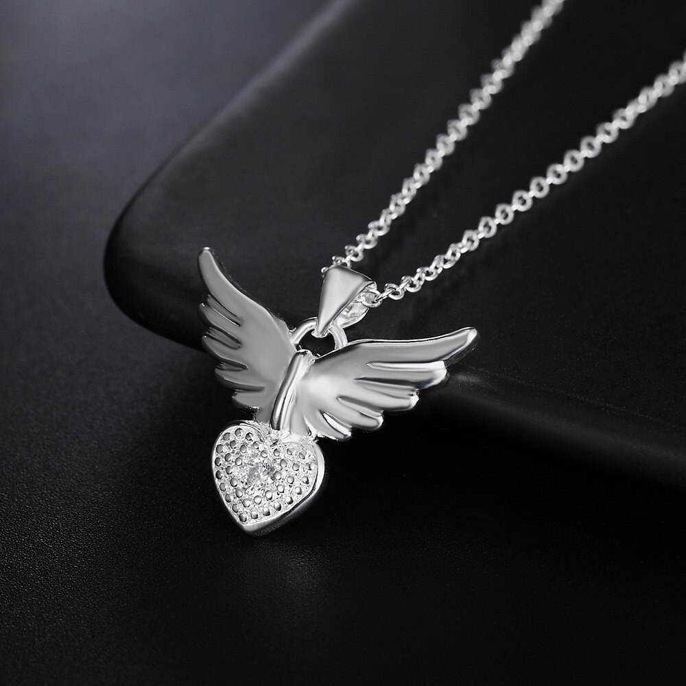 New 925 Stamp Silver color 18 inches Zircon elegant Heart wings Pendant Necklace For Women Fashion wedding Jewelry Gifts