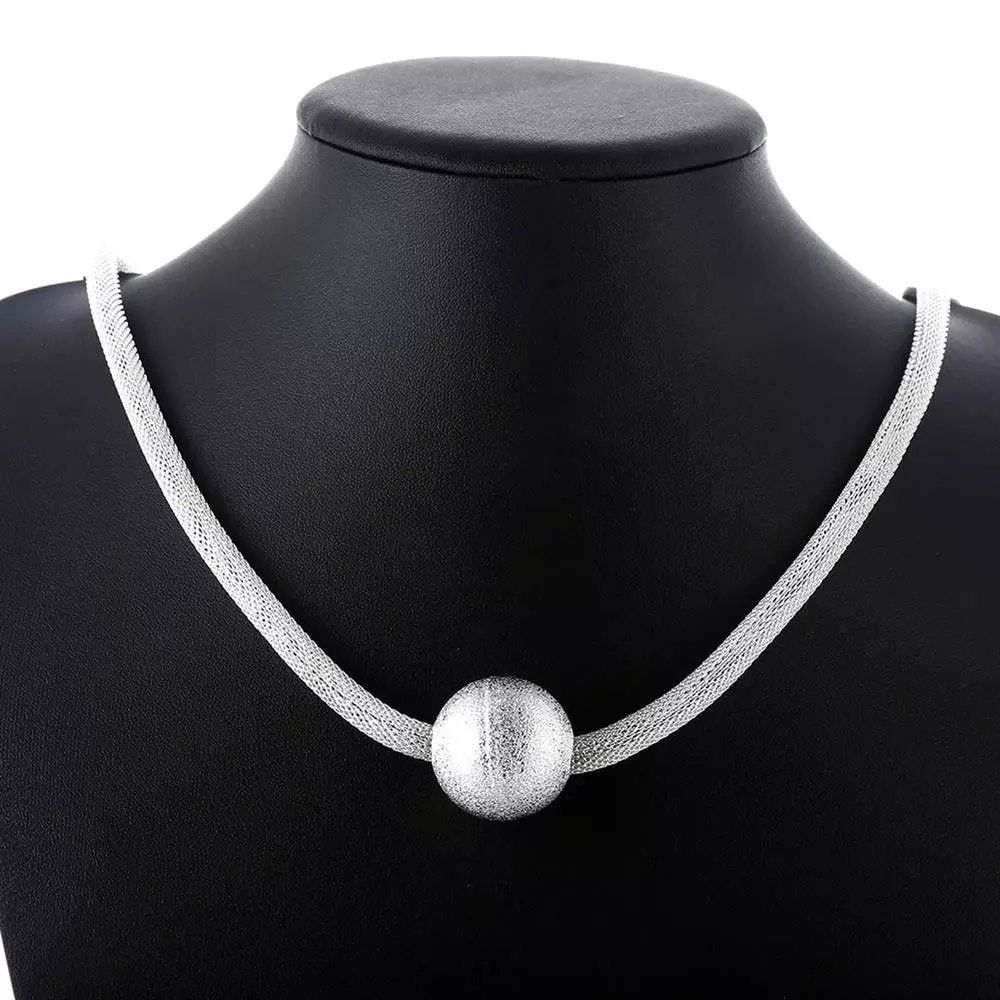 Hot 925 Stamp Silver color Necklace For Women Jewelry romantic Net Chain Frosted large beads Pendant gifts Wedding party