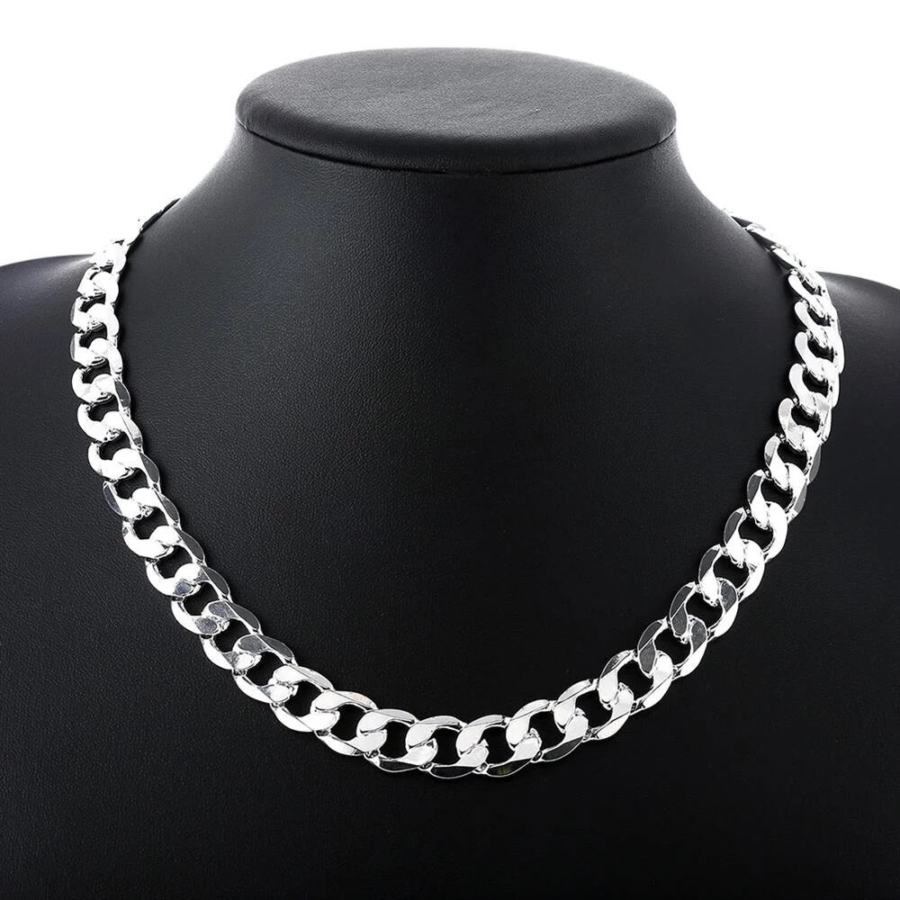 hot 925 Stamp Silver color classic Cuban 12MM chain necklace for men 18-30 inches Charm Fashion jewelry party wedding