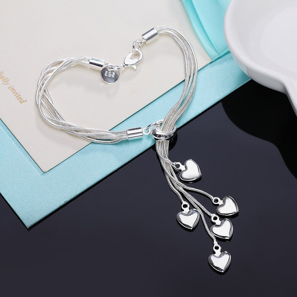 Lady charm 925 Stamp Silver color Bracelet for woman Tassel hanging heart snake chain Wedding party Gifts fashion Jewelry