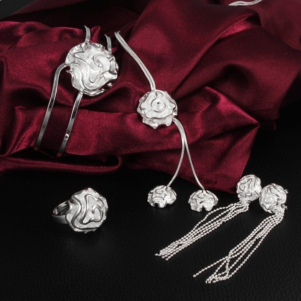 925 Stamp Silver color rose flower bangle Jewelry set rings Bracelets necklaces earring stud for women Party wedding gift