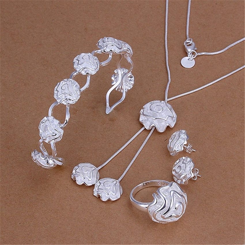 925 Stamp Silver color Jewelry set Fashion rose flower bangle rings Bracelets necklaces earring stud for women Party wedding