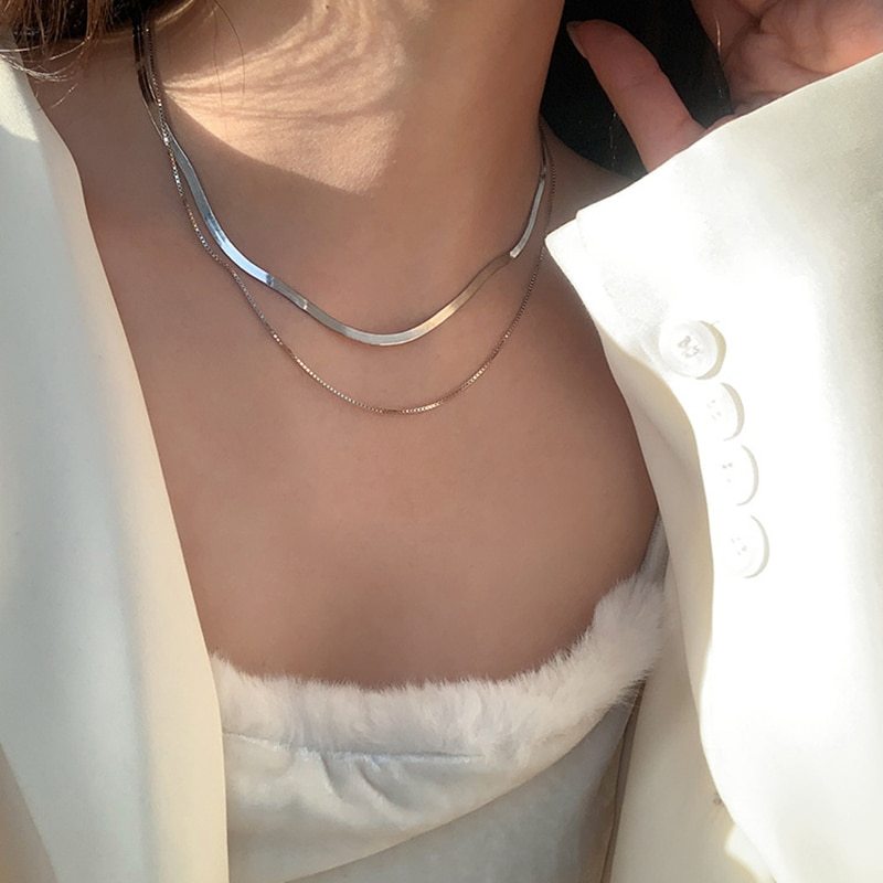 Fine 925 Stamp Silver color Flat snake chain necklace set jewelry for Men Women Charms wedding fashion Valentine's Day gift