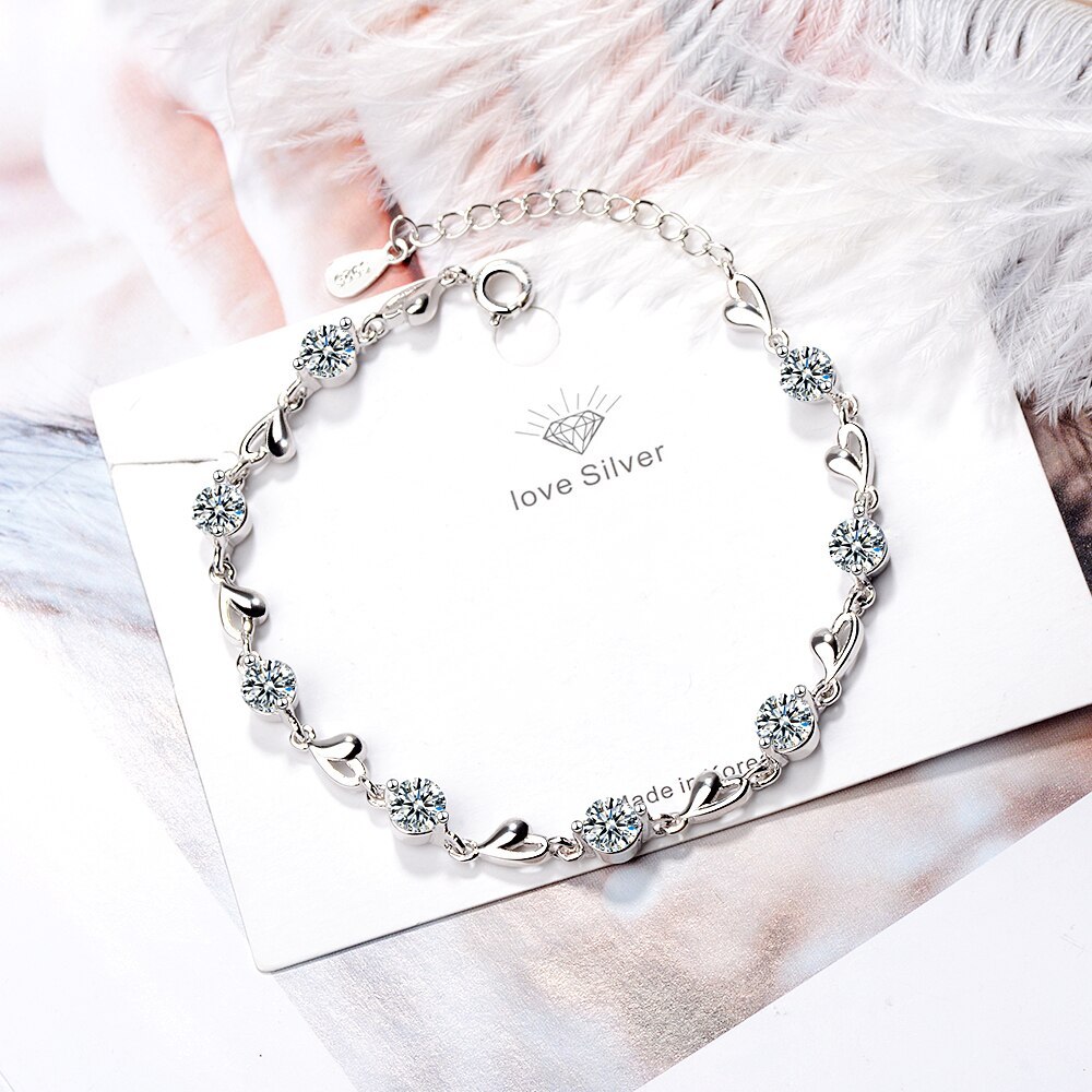 925 Stamp Silver color Zircon Lovers Heart Shaped Bracelets crystals  For Women Valentines Gift Wedding party noble Jewelry