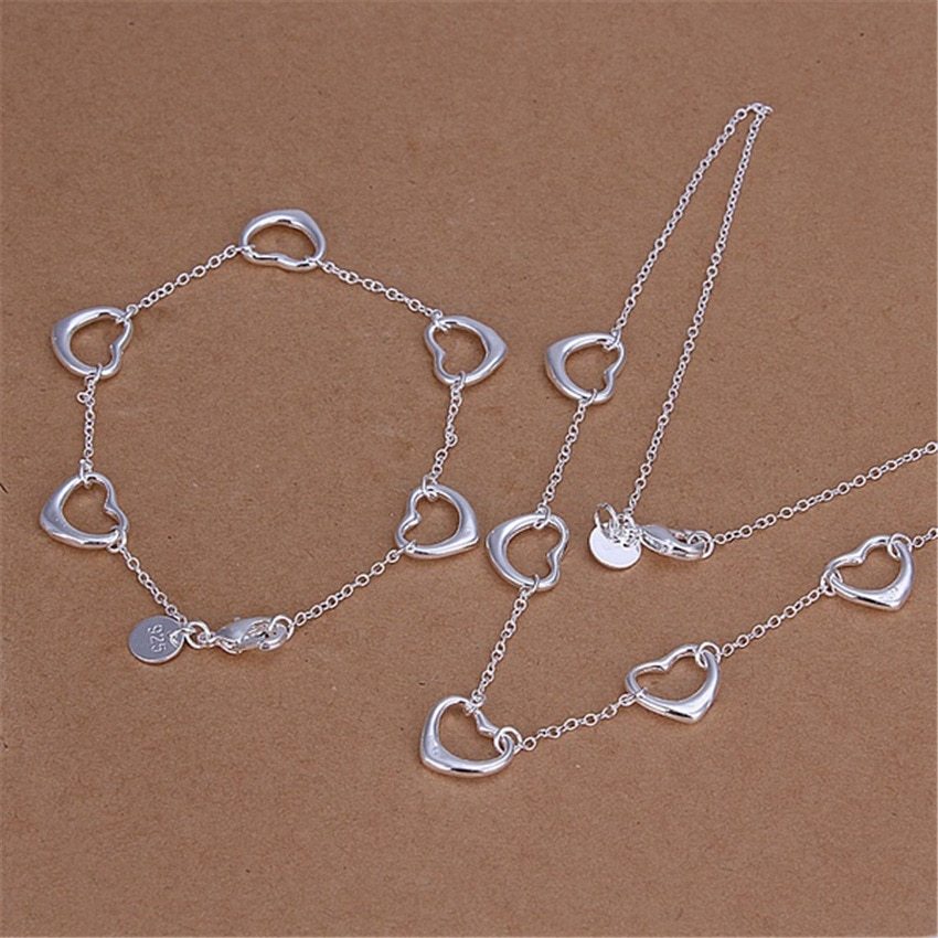 New hot 925 Stamp Silver color LOVE five hearts Bracelet necklace Jewelry set for women Fashion Party wedding Christmas Gifts
