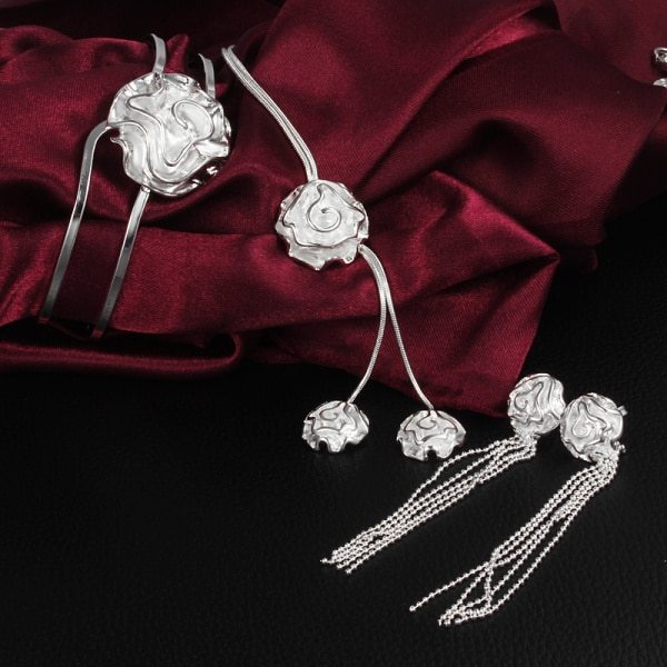 Fine 925 Stamp Silver color Jewelry set rose flower bangle rings Bracelets necklaces earring stud for women wedding gift