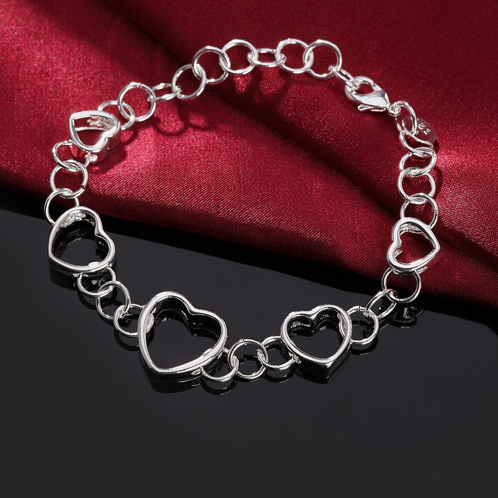 Hot sale fashion 925 Stamp Silver color Bracelet for woman Pretty heart chain Wedding party Valentine's Day Gift classic Jewelry