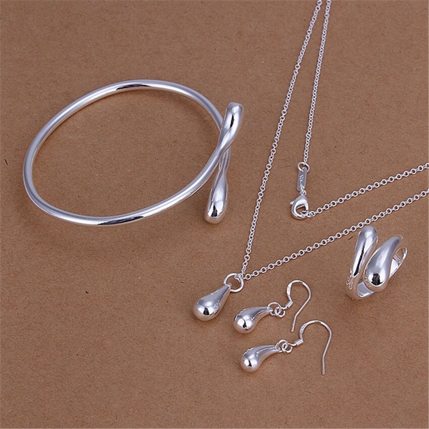 Fashion hot 925 Stamp Silver color Water drop Pendant bangle Bracelet necklace earrings rings Jewelry set women Party wedding