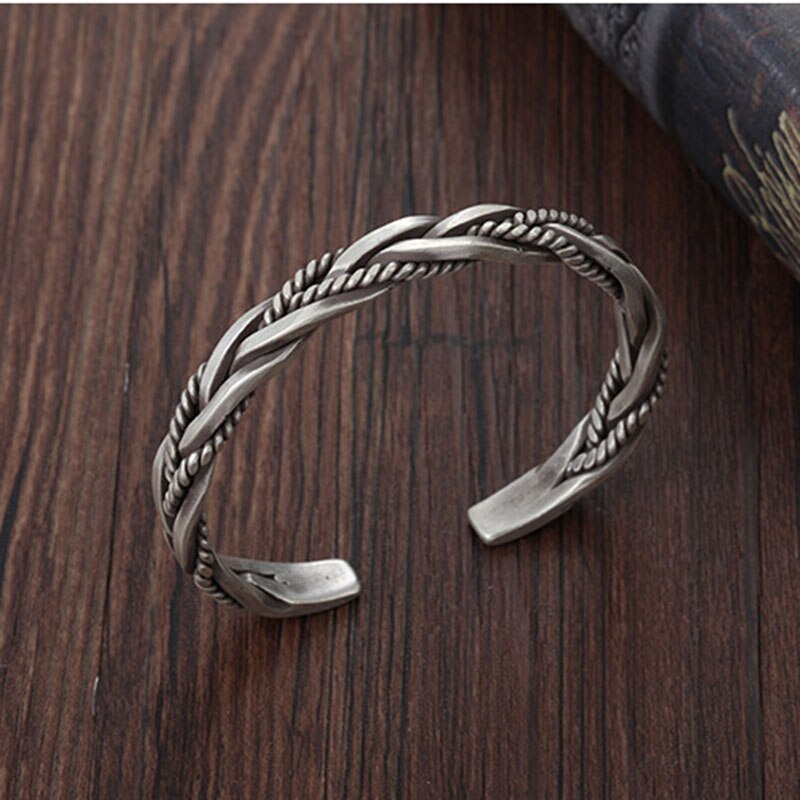 Street all-match 925 Stamp Silver color Twisted Woven Bracelet man women Neutral Retro Thai Original Handmade Opening bangle