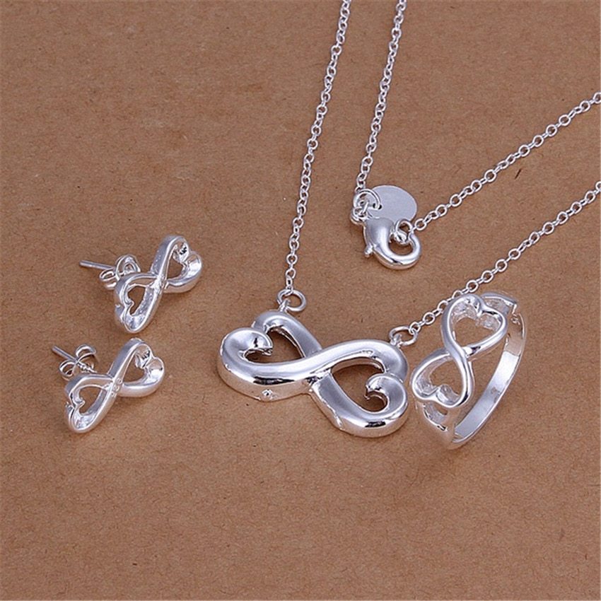 Hot 925 Stamp Silver color Jewelry set for women 8-shaped heart pendant Bracelet necklace earring stud Fashion Party Gift
