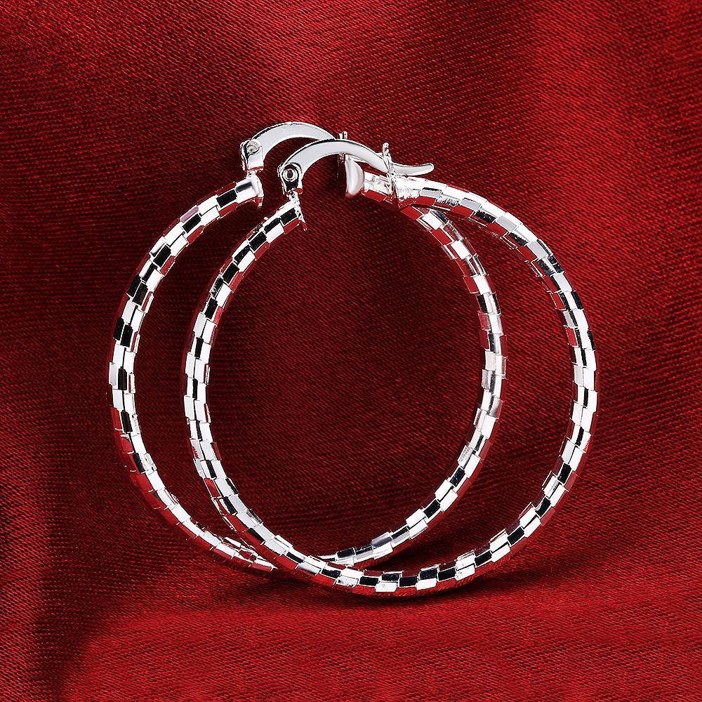 Solid 925 Stamp Silver color Earrings for Women Jewelry Sweet romantic Lattice pattern 4CM Big circle hoop Earrings wedding Gift
