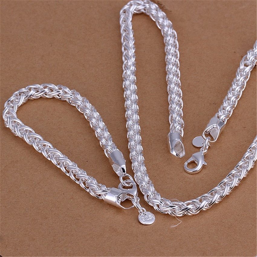 Fashion 925 Stamp Silver color classic 6MM twisted circle chain Bracelet necklace Jewelry sets for women men wedding Party Gifts