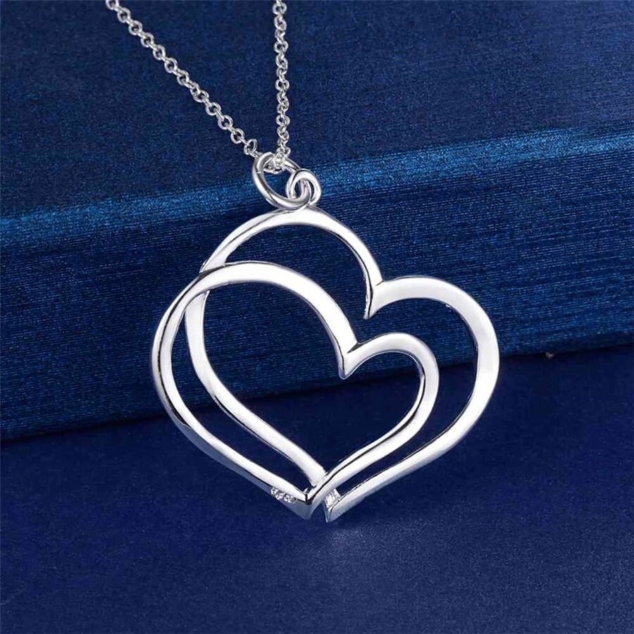 Nwe hot 925 Stamp Silver color fine Double Heart earrings stud necklace Jewelry sets for women Fashion Party wedding lady Gifts