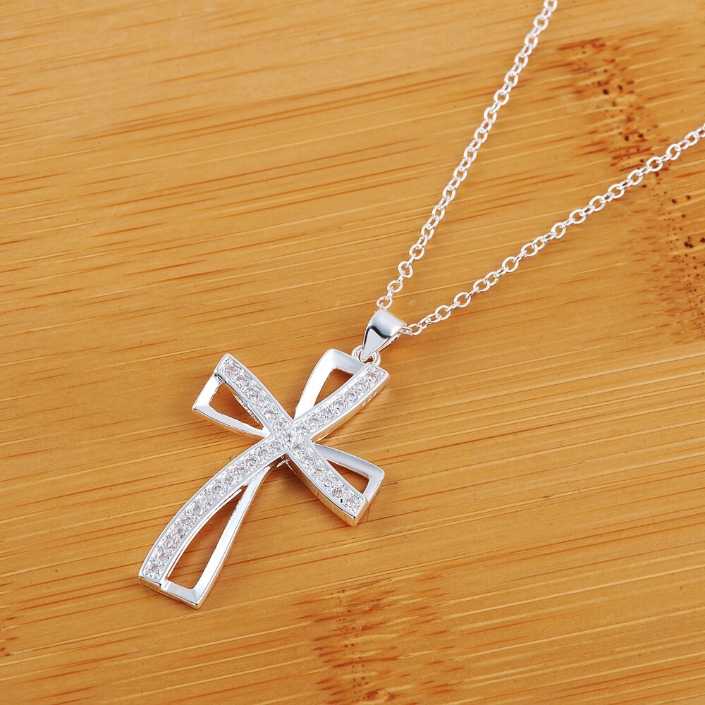 925 Stamp Silver color 18 inch AAA Zircon Elegant cross pendant Necklace For Women Fashion party wedding Jewelry Christmas Gifts