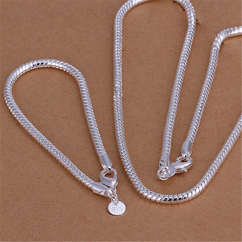 Fine 925 Stamp Silver color 3MM Snake bone chain Bracelets necklace Jewelry sets for men women high quality fashion wedding Gift