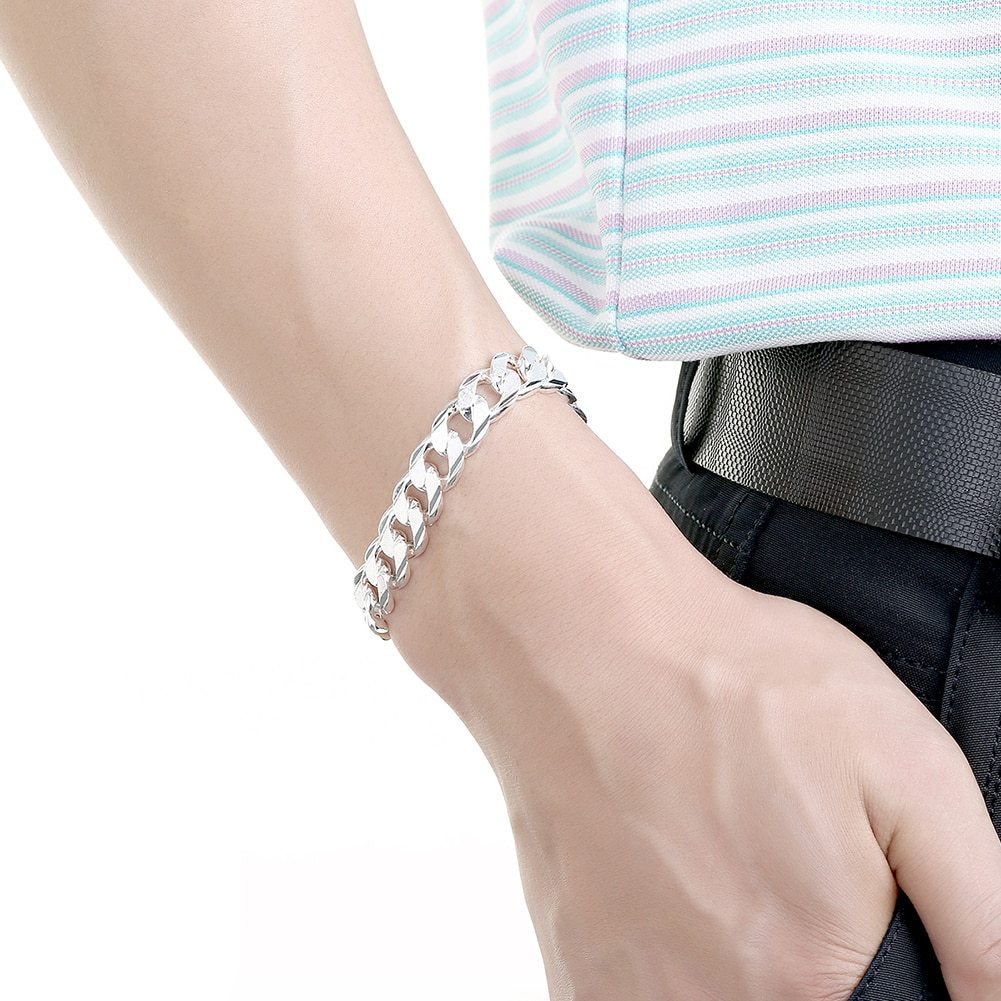 Hot 925 Stamp Silver color Bracelets for women 10MM Classic fine Chain for man Wedding party Christmas Gifts fashion Jewelry