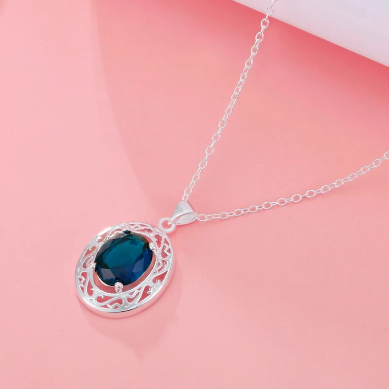 Charm 925 Stamp Silver classic Blue Crystal Oval Pendant Necklaces rings For Women fashion designer party wedding Jewelry sets