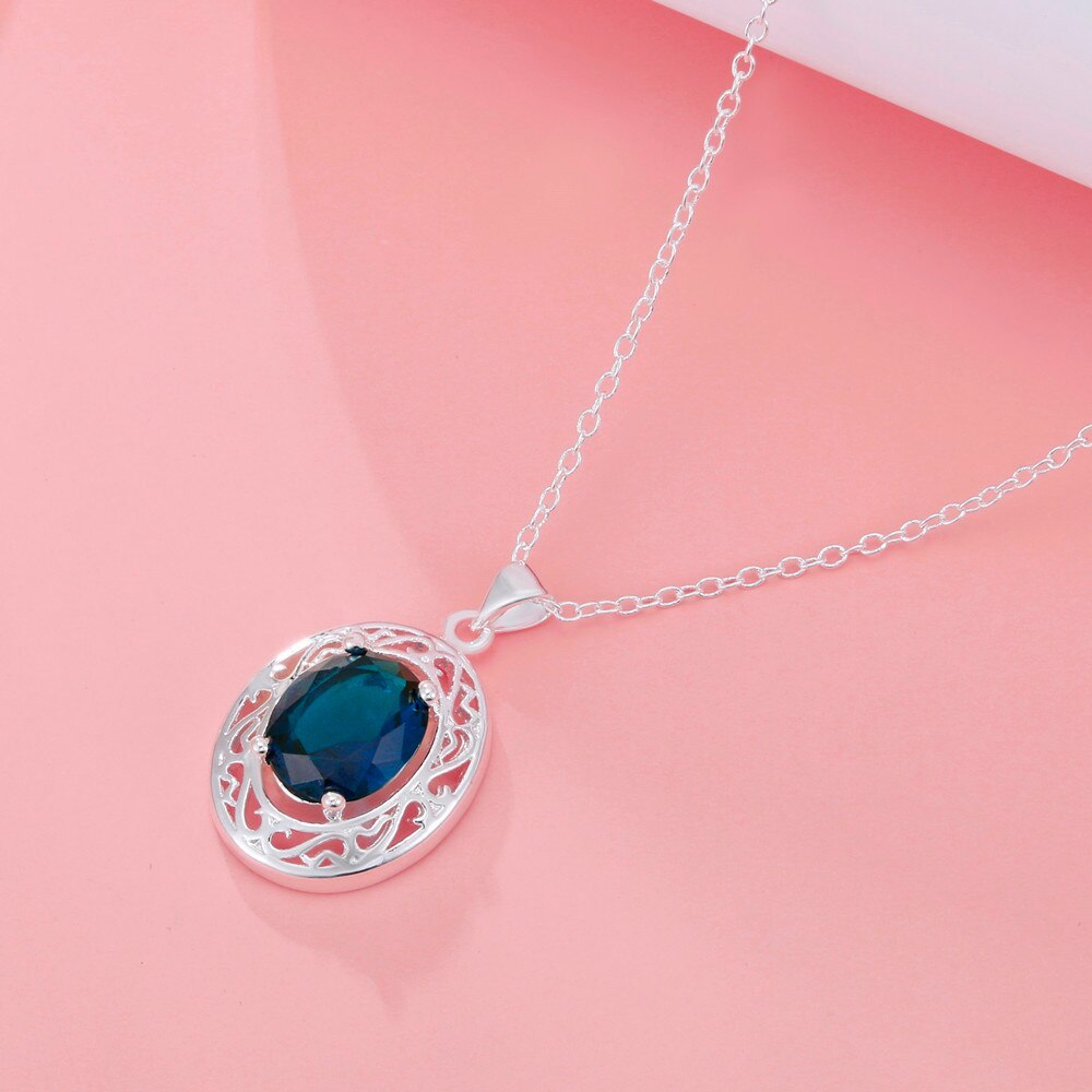 Charm 925 Stamp Silver classic Blue Crystal Oval Pendant Necklaces rings For Women fashion designer party wedding Jewelry sets