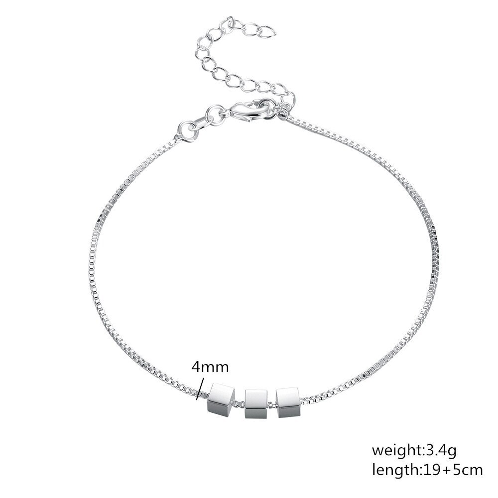 New 925 Stamp Silver color Simple 3 squares box Chain Bracelets for Women Fashion classic Wedding Party Christmas Gift Jewelry